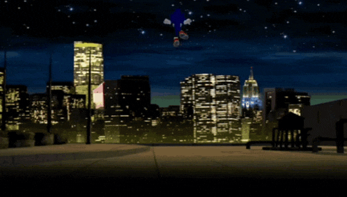 sonic the hedgehog is flying through the air above a city at night