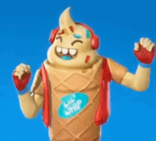 a cartoon character dressed as an ice cream cone with headphones and a red shirt .