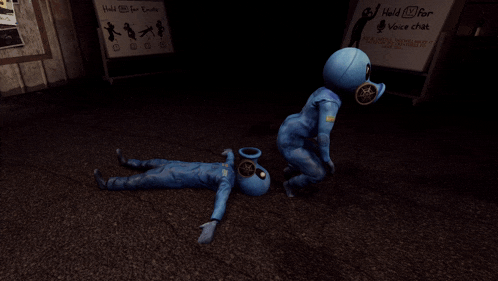 a sign that says hold for voice chat is next to a person laying on the floor