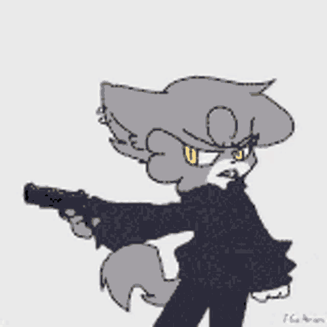 a drawing of a cat holding a gun with the letter o on its head