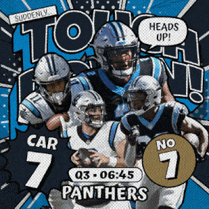 a poster for the carolina panthers shows a group of football players on a blue background