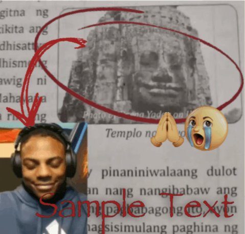 a man wearing headphones is smiling in front of a picture of a statue and the words sample text