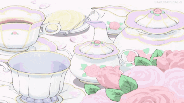 a drawing of a tea set with pink roses and a cup of tea