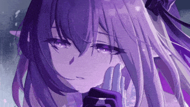 a close up of a purple haired anime girl with a black glove