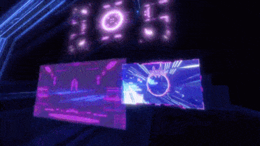 a purple and blue display with a clock that says 8:05