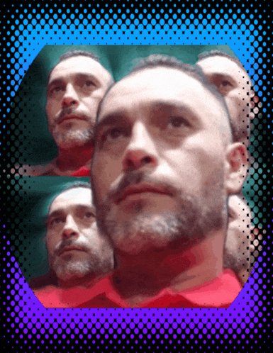 a man with a beard looks at the camera with a blue and purple background