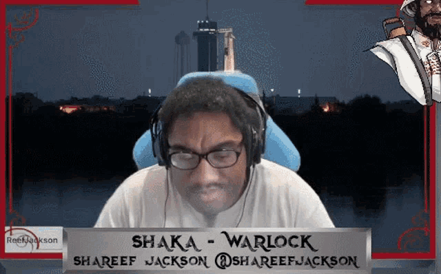 a man wearing glasses and headphones with a sign that says ' shaka warlock ' on it