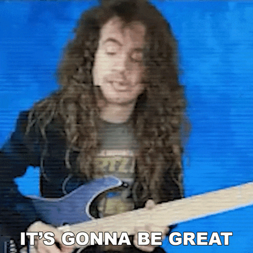 a man with long hair is playing a guitar and the words it 's gonna be great are above him