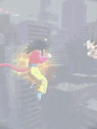 a cartoon character is jumping in the air while another character looks on