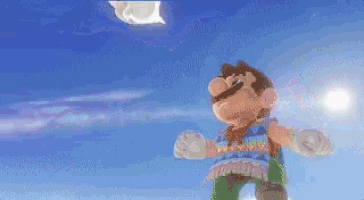 a cartoon character is flying through the air with a green hat .