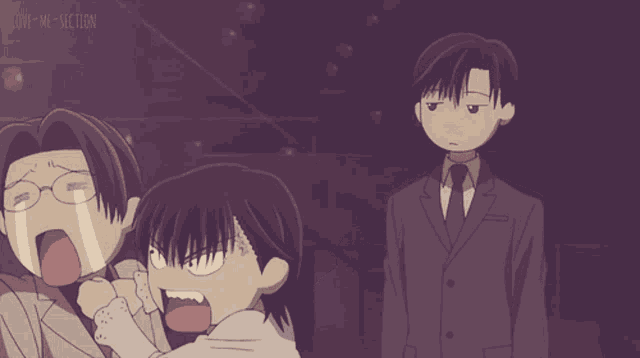 a cartoon of a man in a suit and tie standing next to a girl with her mouth open