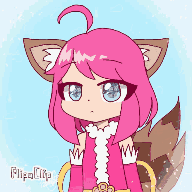 a cartoon drawing of a girl with pink hair and brown ears