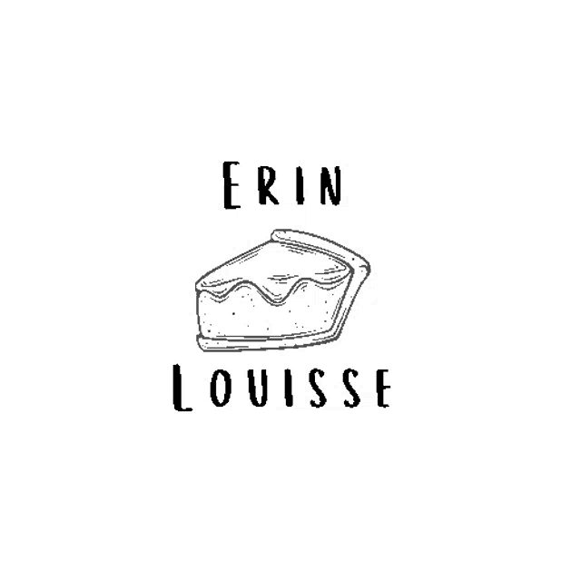 a black and white drawing of a slice of pie with the name erin louise below it .