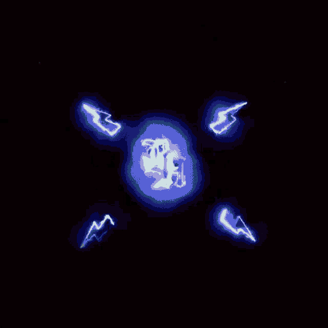 a bunch of lightning bolts are coming out of a blue lightning bolt in the dark .