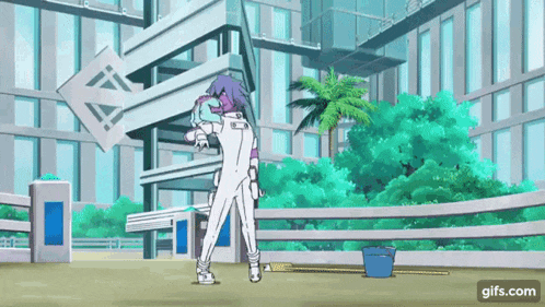 a man in a white jumpsuit is standing in front of a building with a broom and bucket .
