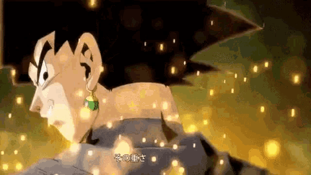 a cartoon character with a green earring is standing in front of a glowing background .