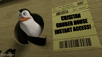 a penguin is looking out of a hole next to a label that says cristan gruber mouse instant access