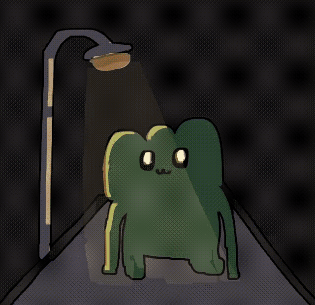 a cartoon frog is standing under a street light at night