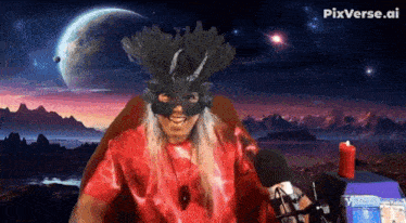 a man wearing a mask and a red shirt is sitting in front of a microphone with pixverse.ai written above him