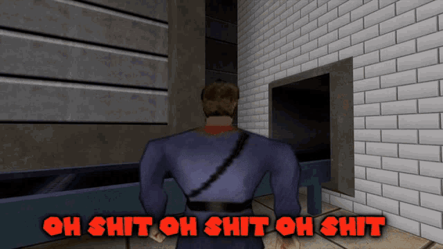 a man standing in front of a white brick wall with the words oh shit oh shit oh shit