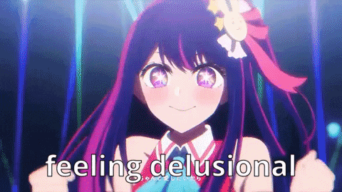 a girl with purple hair and a flower in her hair is smiling and says feeling delusional