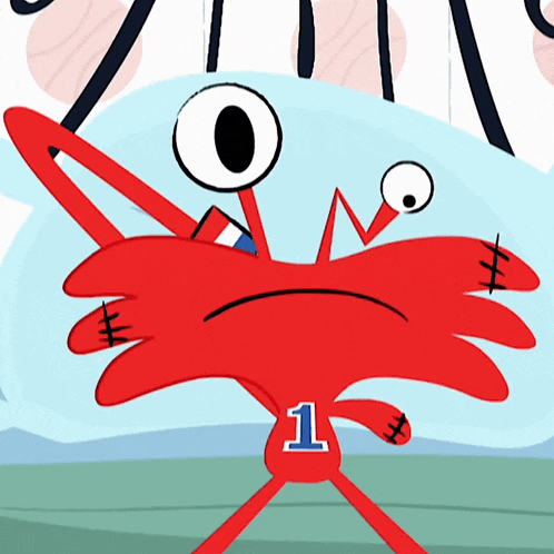 a red cartoon character with the number 1 on his jersey