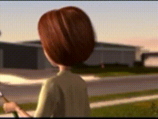 a cartoon character is standing in front of a building in a field .