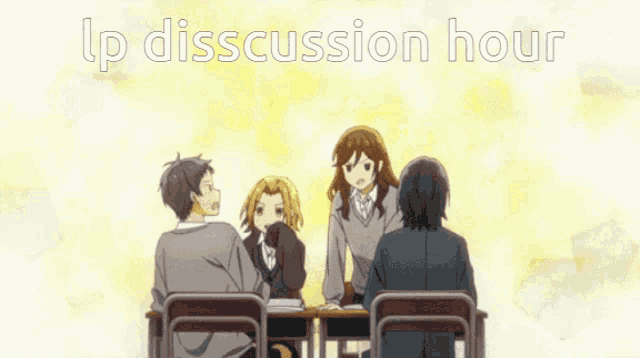 a group of anime characters are sitting around a table with the words lp discussion hour above them .