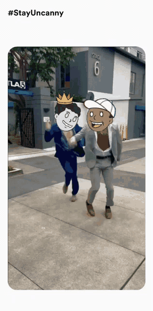 two cartoon characters are running down a sidewalk in front of a building with the number 6