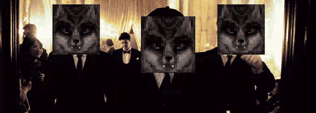a man in a tuxedo has a picture of a cat on his face behind him