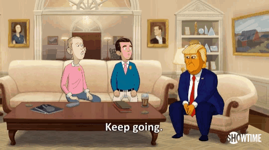 a showtime cartoon shows donald trump sitting on a couch talking to two men