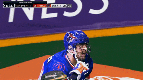 a hockey player in front of a purple banner that says " happy new year "
