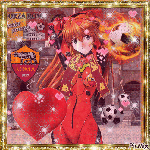a picture of a girl holding a soccer ball and a heart with the word roma on it