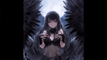a girl with black wings and red hearts surrounding her
