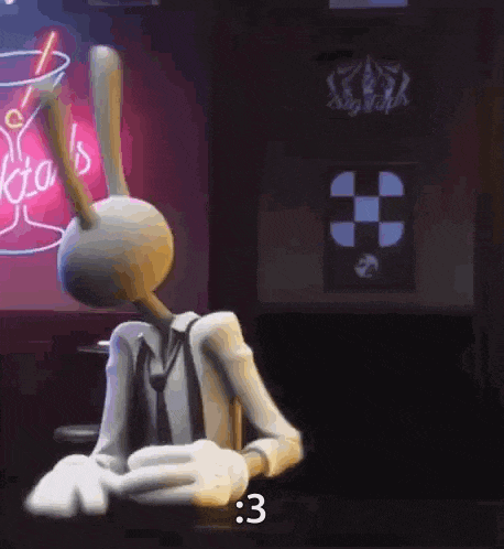 a cartoon character is sitting at a table in a bar with a neon sign in the background .