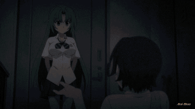 a girl with green hair is talking to a boy with brown hair in an anime scene