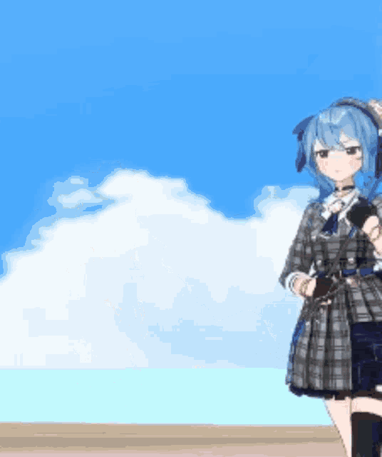 a blue haired anime girl in a plaid dress is holding a microphone in front of a blue sky
