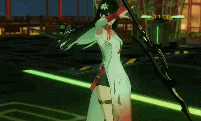 a woman in a white dress is holding a large spear