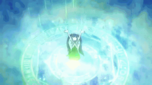 a girl in a green dress is flying through a circle of light