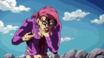 a pixel art drawing of a person with pink hair and a purple shirt .