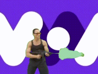 a man is holding a gun in front of a purple background with the letter m