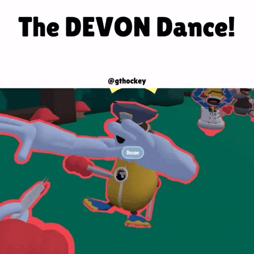 a cartoon character named devon dances in a game