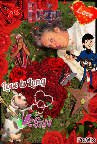 a picture of the beatles with the words love is long vegan on it