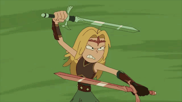 a cartoon girl is holding two swords in her hands