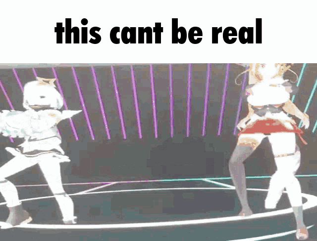 two anime girls are dancing on a stage with the words this cant be real above them