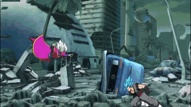 a cartoon character is flying over a destroyed city