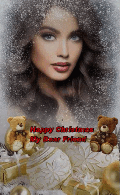 a picture of a woman with the words happy christmas my dear friend above her