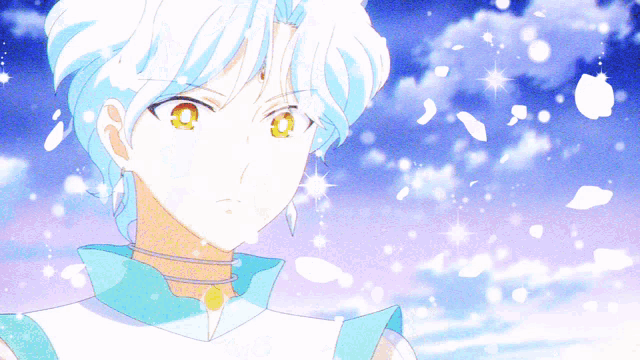 a cartoon character with blue hair and yellow eyes looks at the sky