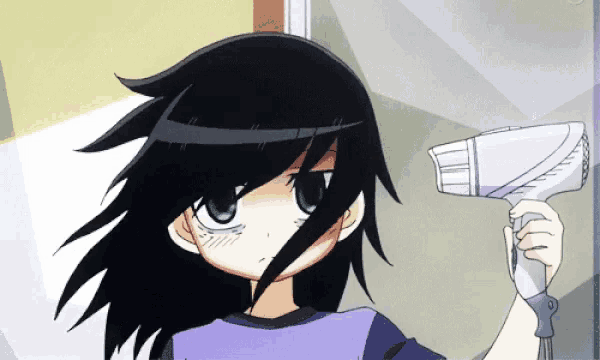 a girl is blow drying her hair in front of a mirror