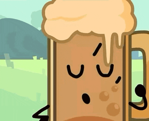 a cartoon drawing of a beer mug with a face and arms